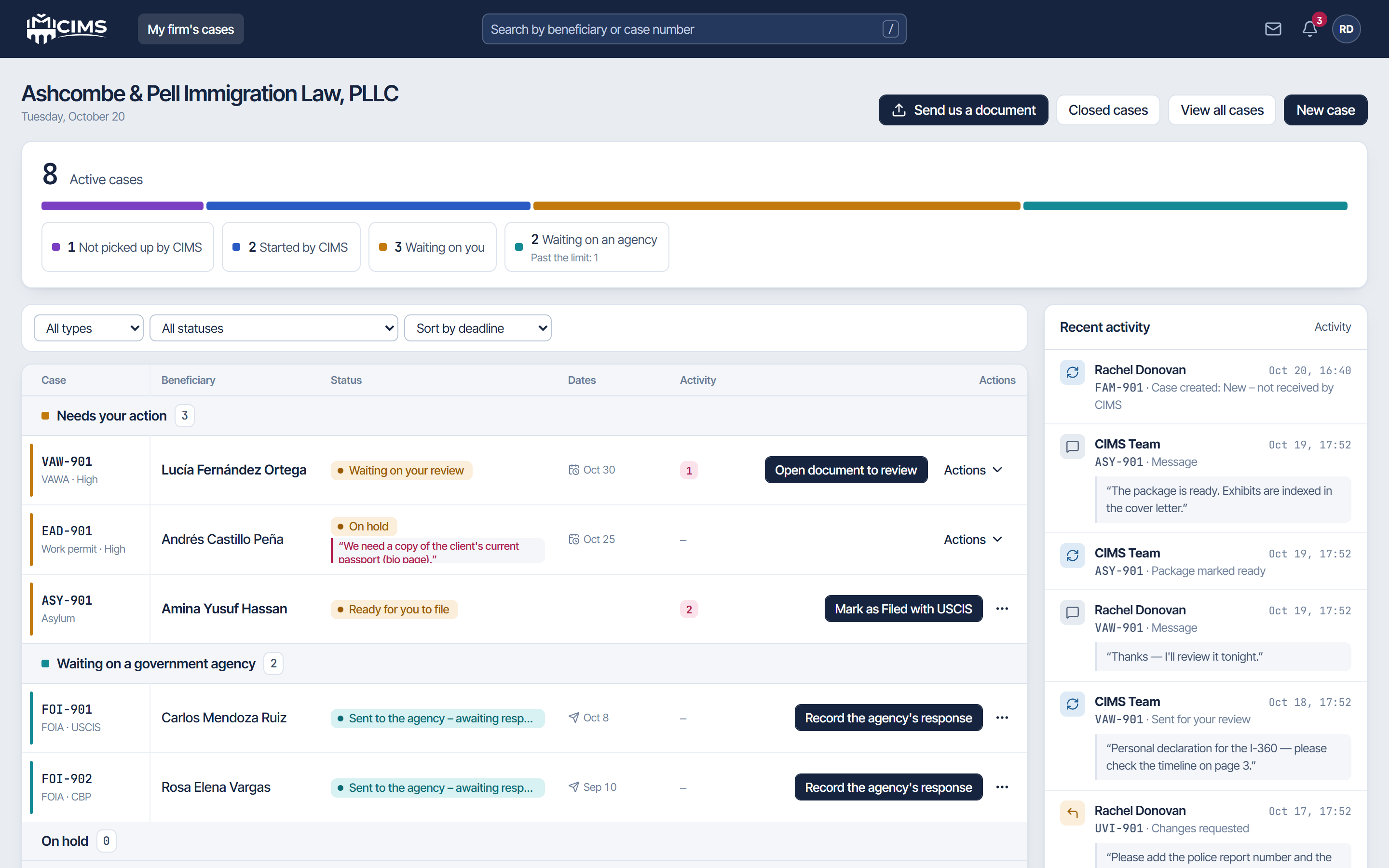 CIMS Portal home screen for a sample firm: eight active cases grouped by whose turn it is, with recent activity on the right.