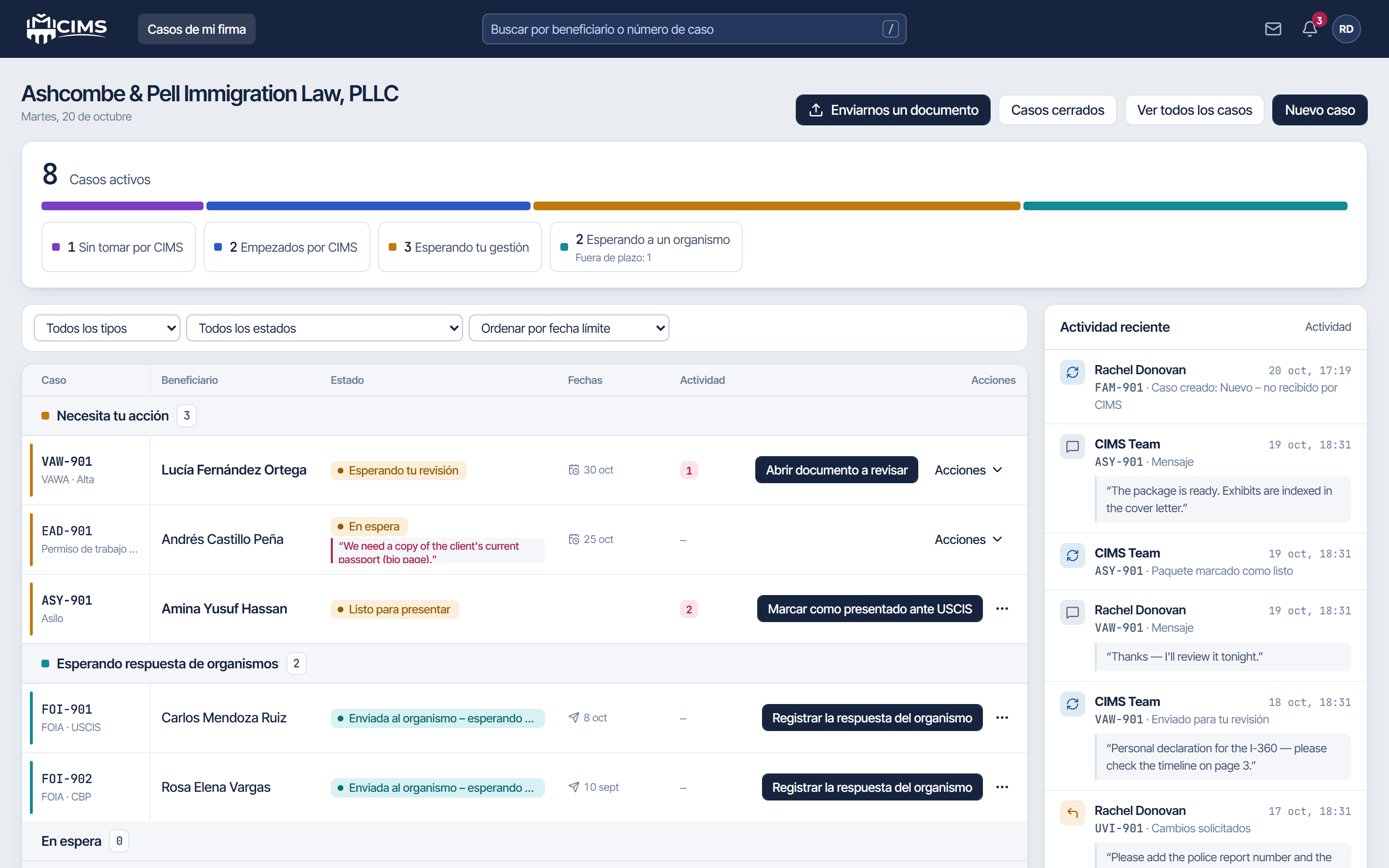 Pantalla de inicio de CIMS Portal para una firma de ejemplo: ocho casos activos agrupados según a quién le toca, con la actividad reciente a la derecha.